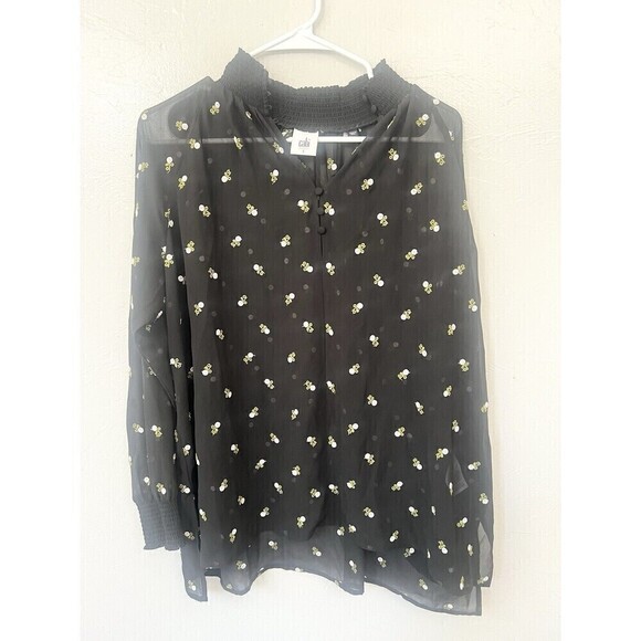 CABI #5338 Black Sheer Floral Embroiderd 3/4 Sleeve High Neck Top SIZE Small - Picture 4 of 11